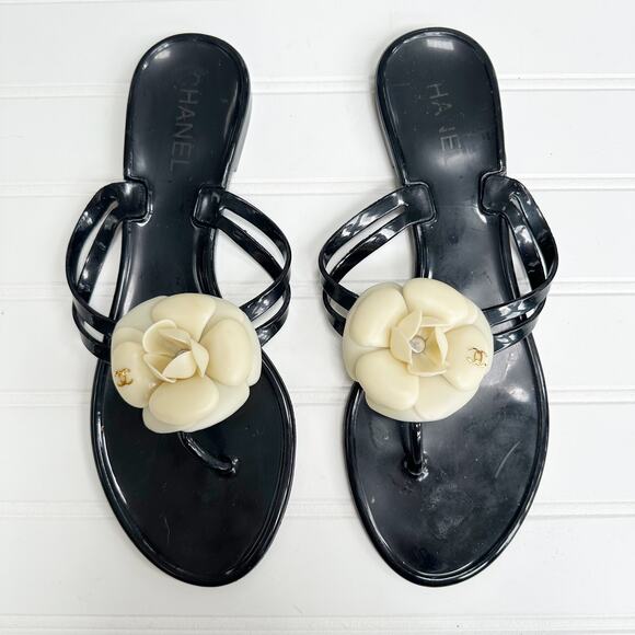 Chanel Black Camellia Flower Rubber Flip Flops Sandals Logo Size 40 Jelly PVC - Picture 7 of 7